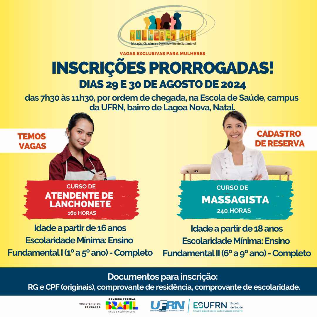 Prorrogadas inscrições para cursos de Atendente de Lanchonete e Massagista pelo Pronatec Mulheres MIl - ESUFRN